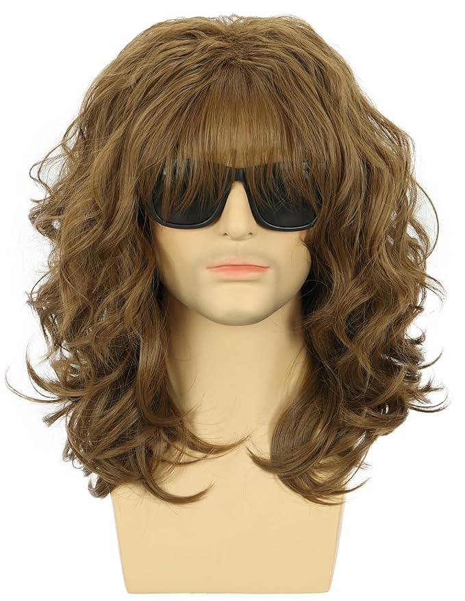 karlery California 70s 80s Rocker Wig Men Women Long Curly Brown Halloween Costume Wig
