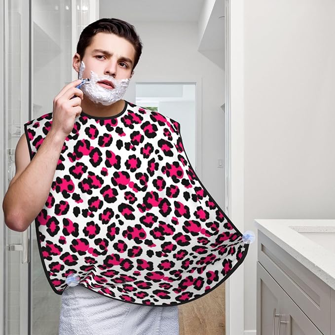 Beard Bib Apron for Men Shaving, Waterproof Non-Stick Hair Catcher with Suction Cups, Grooming Essential for Dad Husband, White Pink Cheetah Leopard Print Shave Bib
