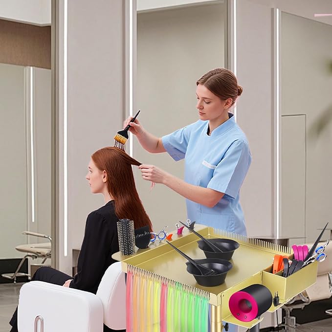 Multi-Function Salon Tray,Extension Hair Cart,Hairstylist Rolling Cart with Storage Platform and Hair Separator Stand,Gold