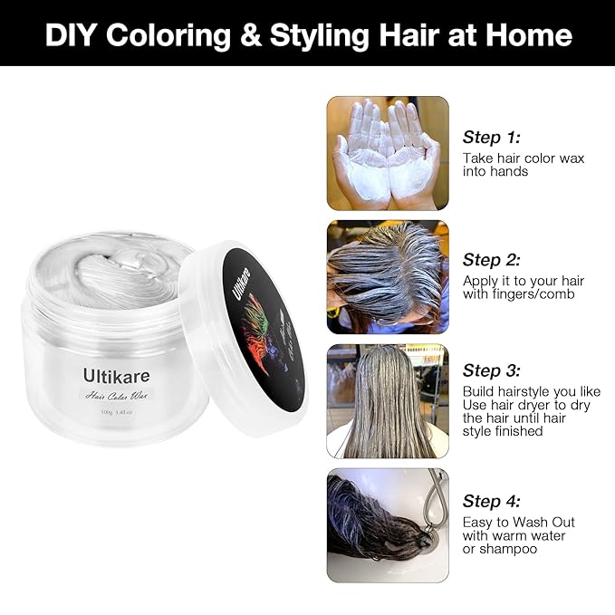 Temporary Hair Color for Kids, Ultikare White Hair Dye Washable Natural Hair Wax Color Chalk Mud Cream DIY Hairstyle Clay For Dark Hair Halloween, Cosplay, Party, Christmas Gift Girls 3.4 Fl Oz