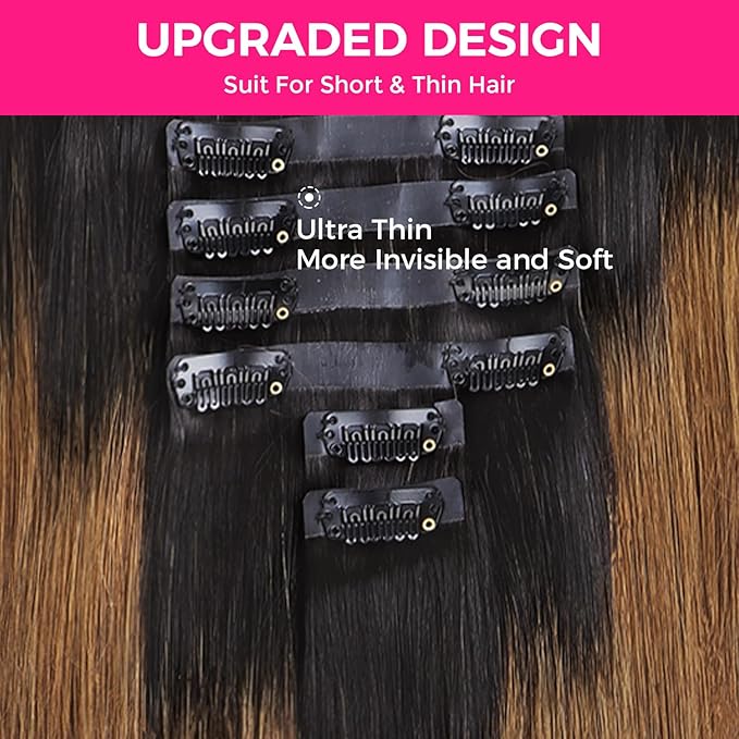Lashey Seamless Clip in Hair Extensions Human Hair 150g 9pcs 24 Inch Ombre Natural Black to Medium Auburn Straight Clip in Hair Extension for Women PU Weft Hair Extension