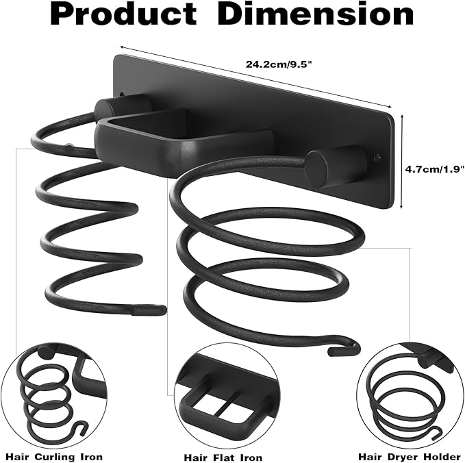 hicorfe Hair Dryer Holder 3 in 1 Hair Tool Organizer,Blow Dryer Holder Wall Mounted,Bathroom Bedroom Hair Care Styling for Flat Iron,Curling Iron,Hair Straightener （Black）