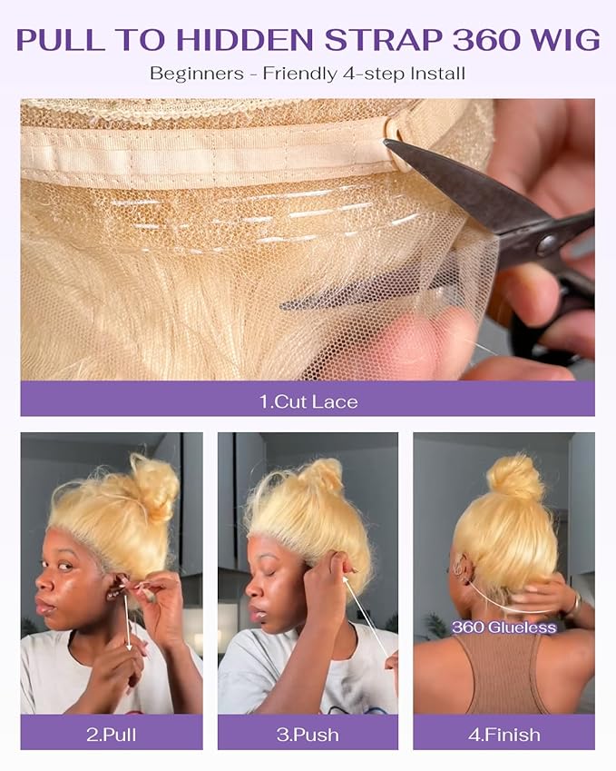 Hidden Strap Body Wave 360 613 Lace Front Wig Human Hair Glueless Wigs Human hair Pre Plucked Pre Bleached 180% Density Blonde Wig With Drawstring HD Full Lace Human Hair Wigs 30Inch