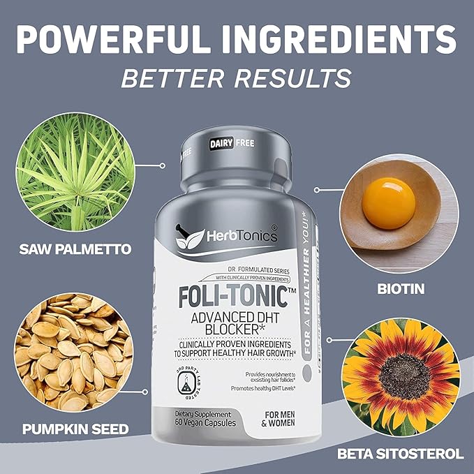 Hair Growth Vitamins for Women & Men | DHT Blocker with Saw Palmetto & 10000mcg Biotin, Foli Tonic Hair Growth Supplement – Supports Fuller, Thicker Hair Appearance, Non-GMO, 60 Vegan Capsules