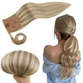 RUNATURE Ash Brown Human Hair Ponytail Extension 14 Inch Straight Ponytail Human Hair Extensions with Clips Highlighted Platinum Blonde Ponytail Hair Extensions Real Human Hair Full Ends 70 Gram