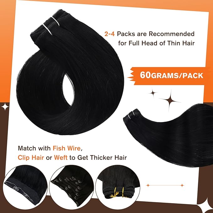 Full Shine Black Clip in Hair Extensions 16 Inch Human Hair Extensions Clip in for Women with Lace Weft Invisible Hair Add Volume Softness 3 Pcs 60 G
