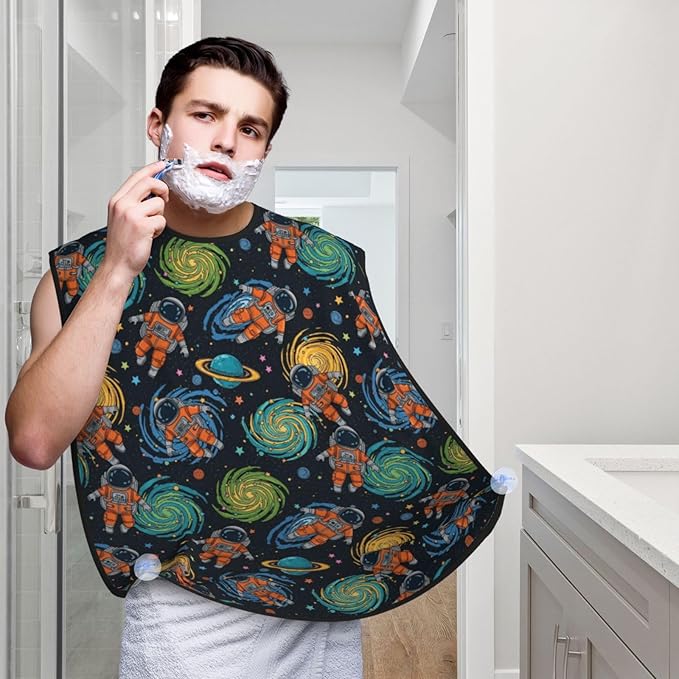 Beard Trimming Catcher Apron, Waterproof Non-Stick Grooming Bib for Shaving, Ideal for Men Dad Father’s Day, Space Funny Astronauts Shave Bib