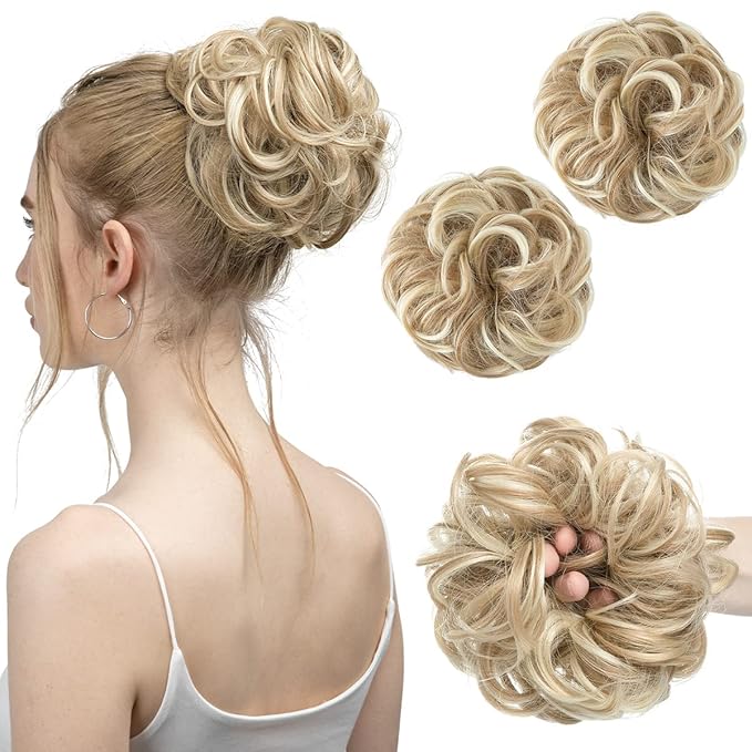 SARLA 2PCS Messy Hair Bun Hair Pieces Wavy Curly Synthetic Updo Fake Scrunchies Ponytail Extension for Women Dirty Blonde