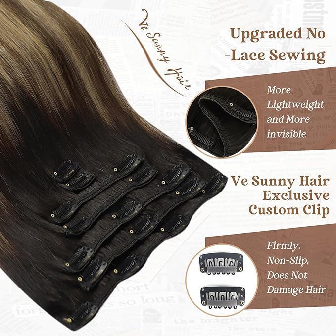 Ve Sunny Human Hair Clip in Extensions Black Clip in Hair Extensions Black Ombre Brown with Blonde Extensions for Women Real Hair Thick End 16Inch 120g