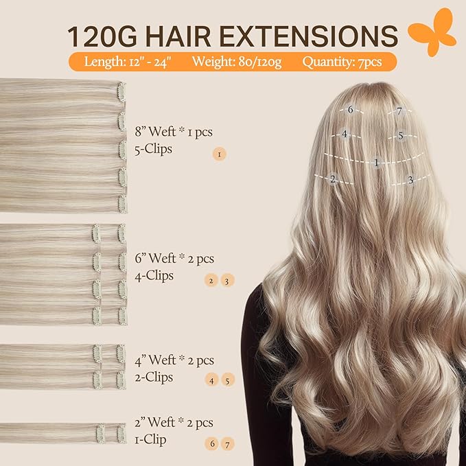 DOORES Human Hair Extensions Clip in, Soft Honey Blonde Highlight Platinum Blonde 120g 7pcs 16 Inch, Remy Clip in Hair Extensions Natural Thick Weft for Women
