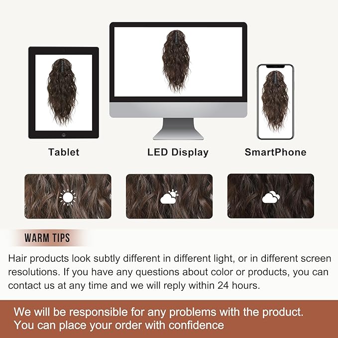 FLUFYMOOZ Wavy Curly Claw Clip Ponytail - Natural Synthetic Hairpiece, 18 Inch (Dark Chocolate Brown)