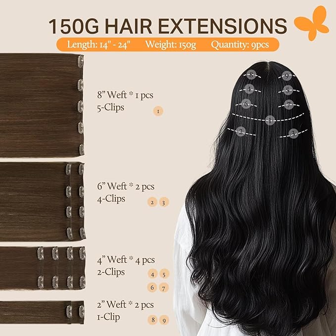 DOORES Clip-in Human Hair Extensions, Chocolate Brown 150g 9pcs 20 Inch, Remy Real Hair Extensions, Silky Straight Thick