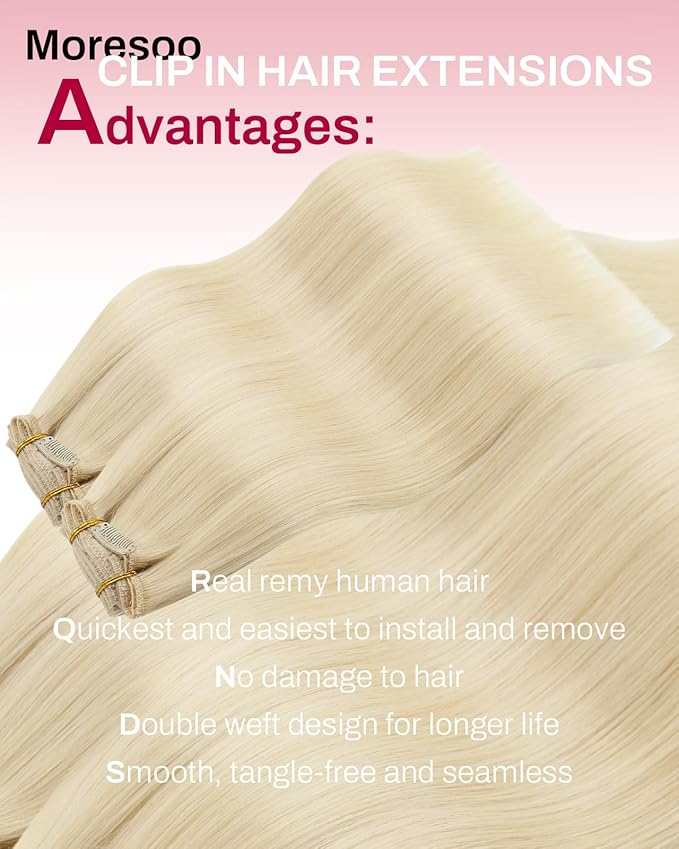 Moresoo Long Blonde Clip in Hair Extensions 24 inch Golden Platinum Blonde Real Human Hair Extensions Clip ins Remy for Women Long Straight 120g/7pcs 24 inch