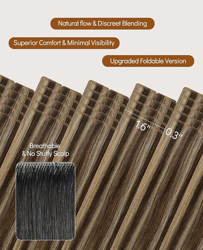 VINBAO Invisi Edge Tape in Hair Extensions Human Hair, Dark Brown with Blonde Injected Tape in Extensions with Highlights, 16in 45g 20pcs/pack Natural Look 16inch #4P27