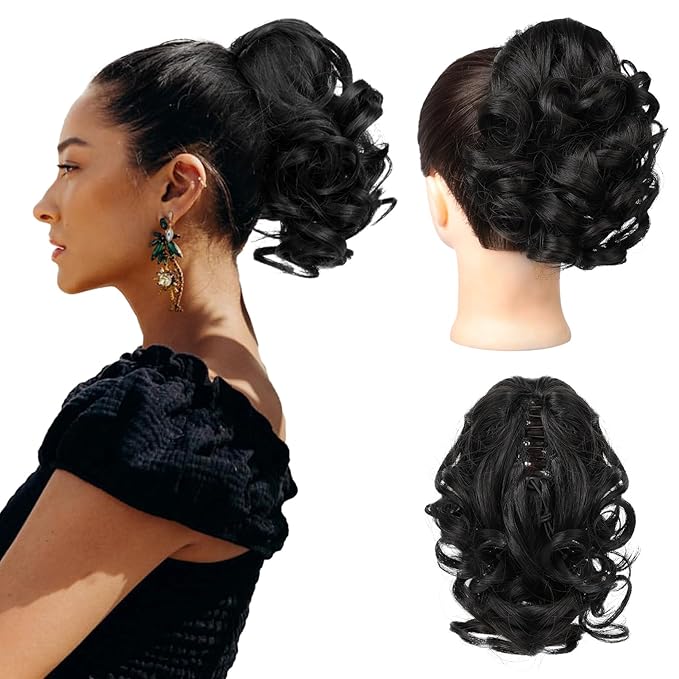 REECHO Ponytail Extension, 9" Short Curly Wavy Claw Clip Pony tails Hair Extensions HP001 Hairpieces for Women - Black