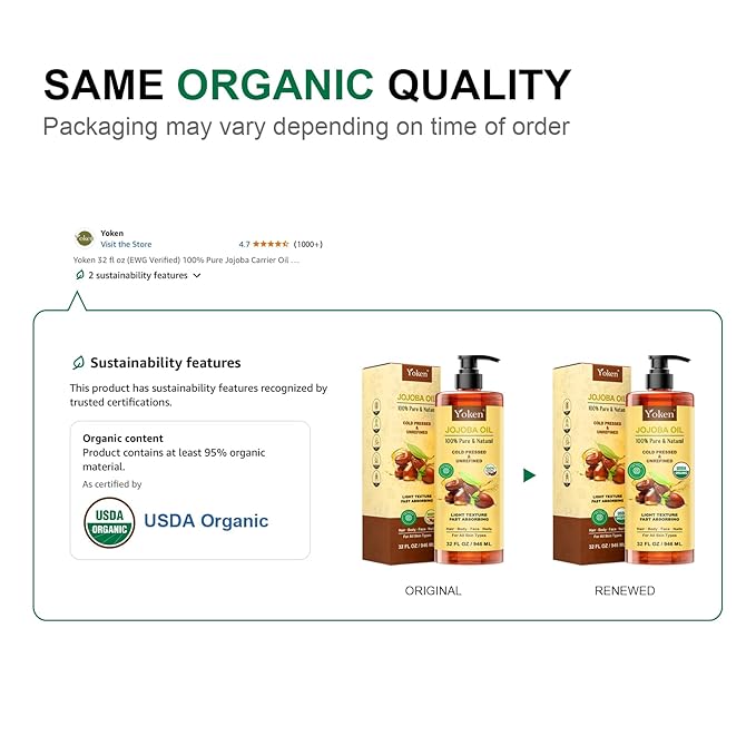 32 fl oz (EWG Verified) 100% Pure Jojoba Carrier Oil - Unrefined, Hexane-Free, Cold Pressed for Skin, Face, Hair, Nails, and Massage
