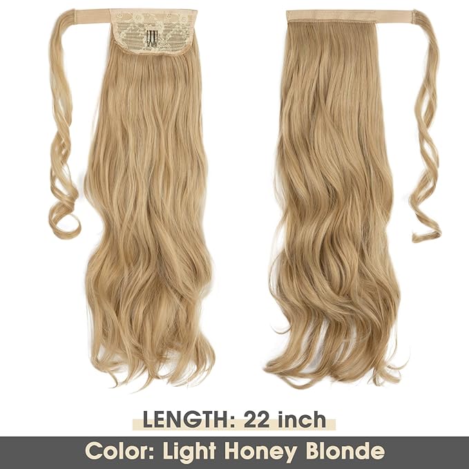 CJL HAIR 22" Long Ponytail Hair Extension Wrap Around Pony Tail Clip in Curly Wavy Synthetic Fake Hairpiece for Women Light Honet Blonde