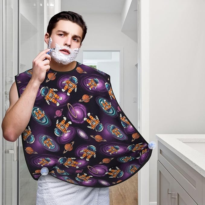 Adjustable Beard Catcher Apron, Purple Galaxy Trippy Space Astronauts Shave Bib, Non-Stick Waterproof Grooming Bib, Shaving Essential for Men Dad Christmas