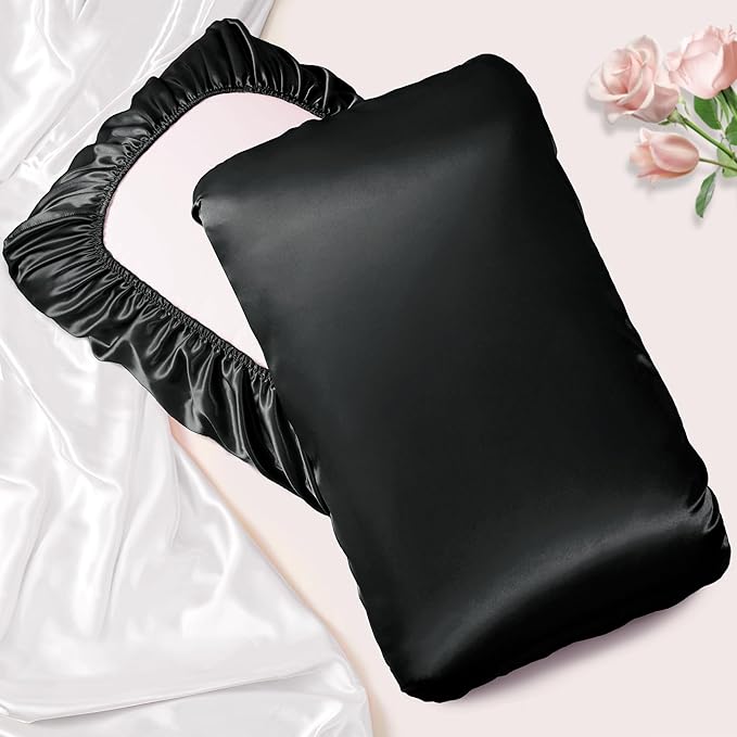 Manyshofu Satin Pillowcases for Hair Protection - 2Pcs Black Pillow Cases, Elastic Band Standard & Queen Satin Pillowcases Luxury Silky Pillow Cases Travel Pillow Covers