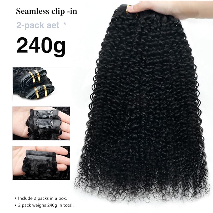 2 Pack 240g Curly Clip in Hair Extensions Real Human Hair 16 Pcs Seamless Clip ins for Women Full Head with PU Skin Weft 15A Remy Human Hair 14inch Natural Black