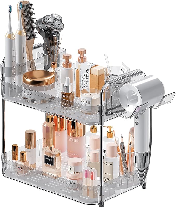 Bathroom Countertop Organizer,Makeup Counter Organizer With Hair Dryer Holder,Compatible with Dyson Blow Dryer,Electric Toothbrush And Toothpaste Holder,2-Tier Detachable Design,Transparent
