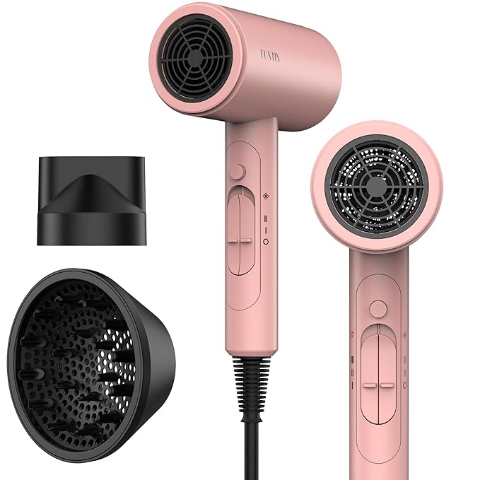 FUNTIN Hair Dryer, Blow Dryer with Diffuser Brush for Women 4C Thick Hair Ionic Hair Dryer(Baby Pink)