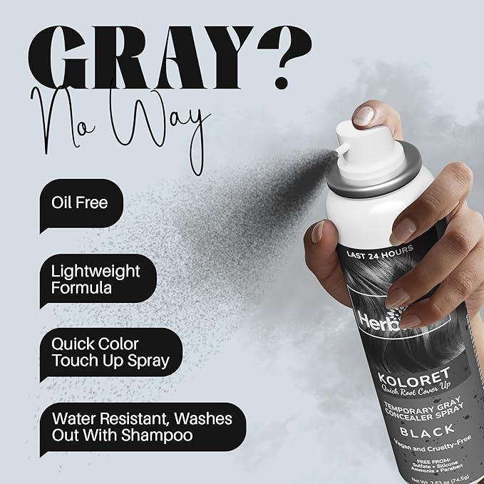 Herbishh Koloret Quick Root Touch Up Hair Color Spray Black (74.5g), Instant Gray & Black Root Cover Up, Temporary Hair Color Spray, Lightweight Non-Sticky Dye Mist, Travel Aerosol