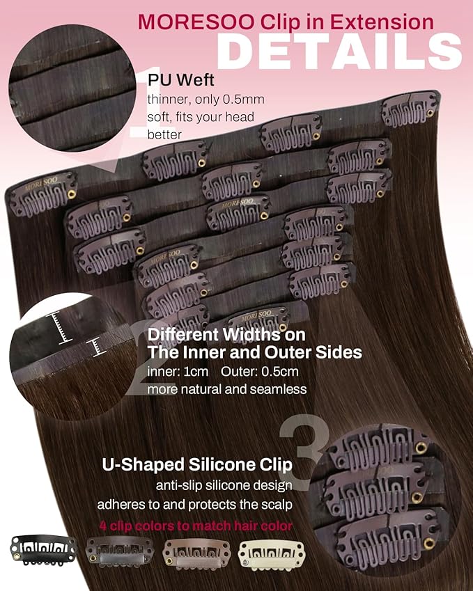 Moresoo Invisible Seamless Clip in Hair Extensions Real Human Hair Medium Brown Clip in Extensions for Long Hair Extensions Medium Brown for Women Pu Skin 120g/7pcs 22 inch