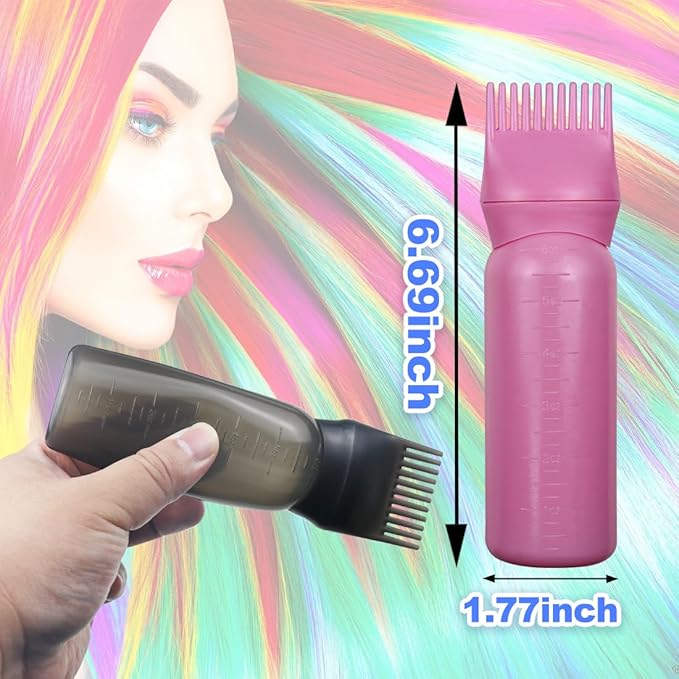 4 Pack Root Comb Applicator Bottle, Hair Oil Comb Applicator for Hair Dye, Shampoos, Salons (Pink+Black)