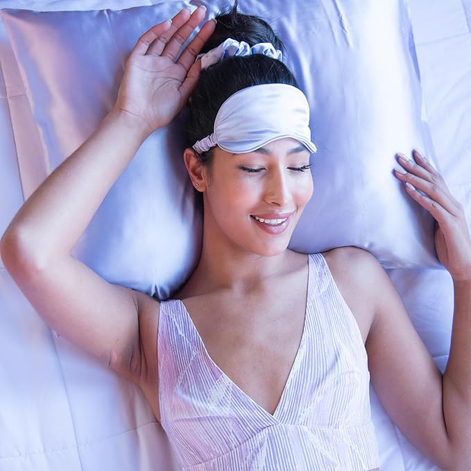 Vegan Silk Sleep Set, Vegan Silk Pillowcase with Large Scrunchie and Eye Mask for Hair and Skin, Self Care Essential Satin Night Routine Kit (Purple Color)