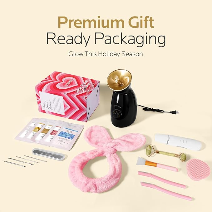 Colorfarm Facial Steamer Nano Ionic: Face Steamer Home Spa Kit Deep Cleaning Unclogs Pores Sinuses Inhaler with 8 Skin Care Tools - Relaxing Self Care Skincare Beauty Gifts for Women (Black Gold)