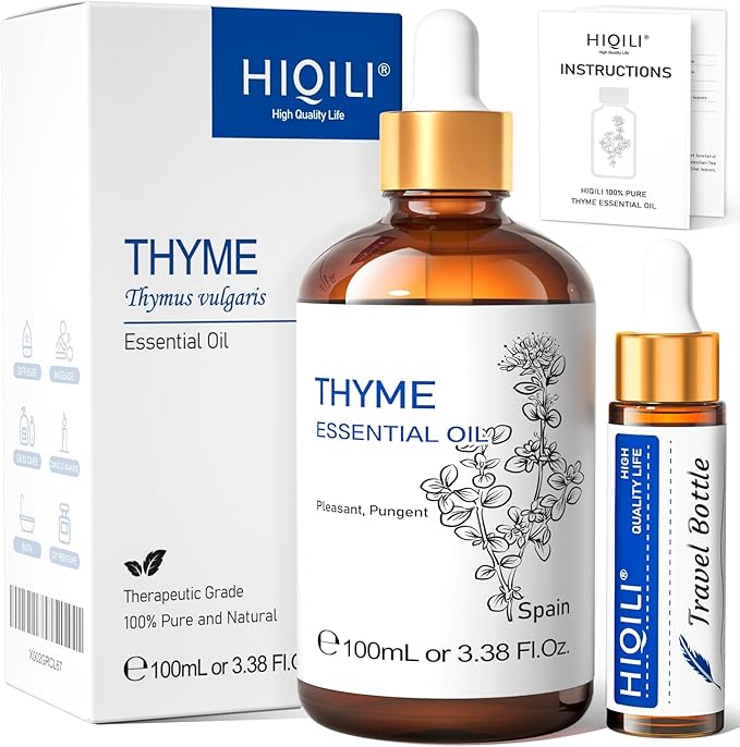 HIQILI 3.38 Fl Oz Thyme Essential Oil, 100% Pure Undiluted for Hair, Skin, Diffuser, Aromatherapy, Includes 10ML Travel Bottle - 100ML