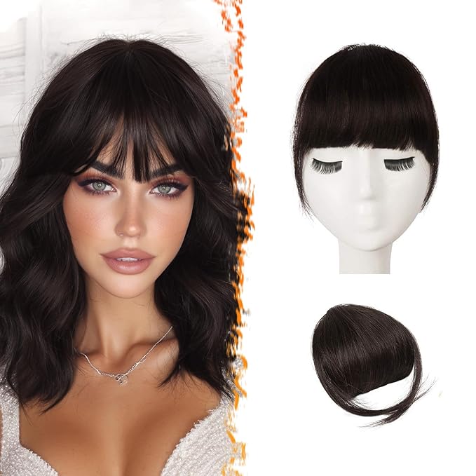 BARSDAR Human Hair Clip in Bangs - 100% Real Hair Extensions for Women - Dark Brown Thick Fringe With Temples Hairpieces