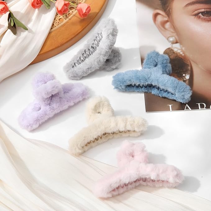 5PCS Large Claw Hair Clips for Thick Hair Big Fuzzy Hair Clips for Women Nonslip Strong Hold Hair Claw Clip (Plush (Blue+Grey+Pink+Purple+Beige))