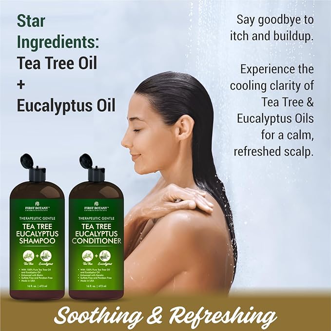 Tea Tree & Eucalyptus Shampoo and Conditioner Set – Clarifying & Scalp Care Formula with Activated Charcoal, Biotin & Keratin – Sulfate-Free, Made in USA - 16 fl oz x 2