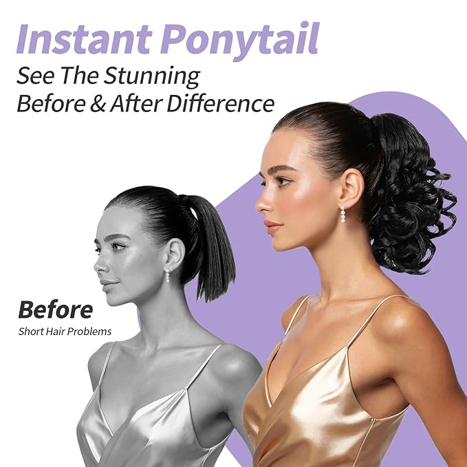 Brown Ponytail Extension,9" Short Curly Wavy Claw Clip in Ponytails Hair Extensions Natural Soft Synthetic Hairpiece for Women
