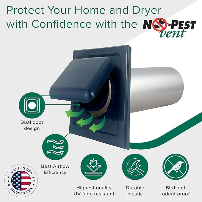 NO-PEST VENT, Exclusive Dual Door Dryer Vent Cover Outdoor 4 inch or Bathroom fan, Made in USA w Highest UV Resistant Plastic in any Outdoor Vent Cover (Deep Ocean Blue, 4 inch With 12" Duct Tube)