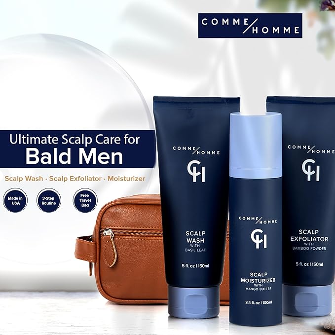 Comme Homme Ultimate Scalp Care Bundle for Bald Men | 3-Step Routine with Scalp Wash, Exfoliator & Moisturizer | Deep Cleanse, 24-Hour Moisture & Skin Protection | Free Toiletry Bag Included