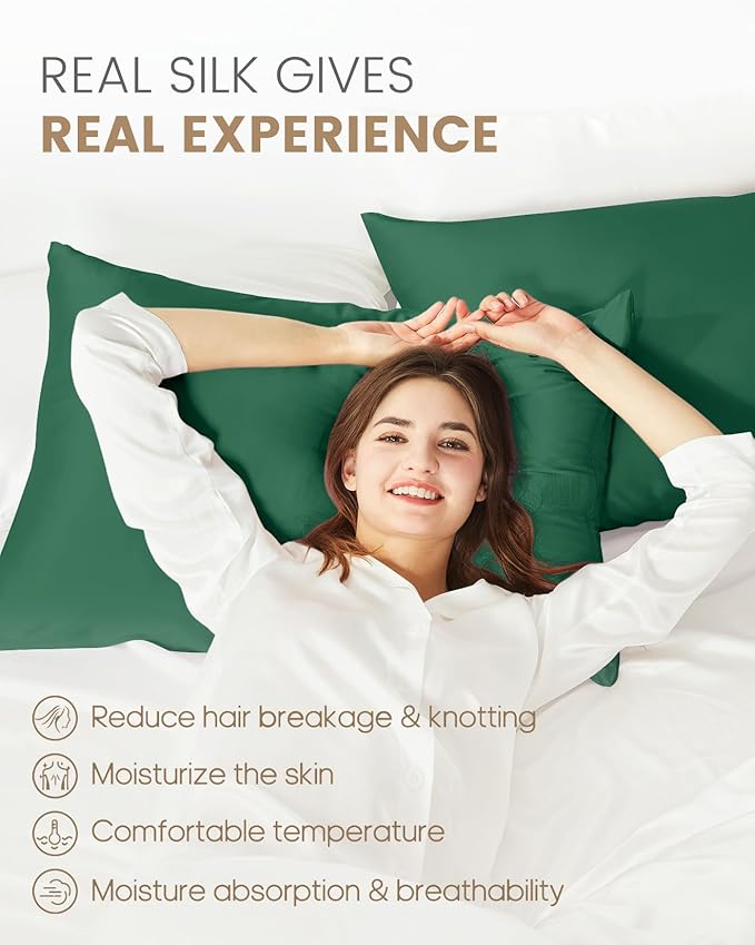 THXSILK 100% Mulberry Silk Pillowcase for Hair and Skin Heath, Best Gift Choice, Grade 6A+ Silk, Mulberry Silk Pillow Cover with Zipper, 1pc(California King Size 20"x40", Emerald Green)