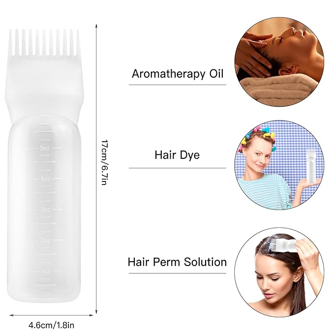 Root Comb Applicator Bottle, 6 Ounce, Oil Applicator for Hair Dye, 2 Pack+20 PCS Disposable Shower Caps, White