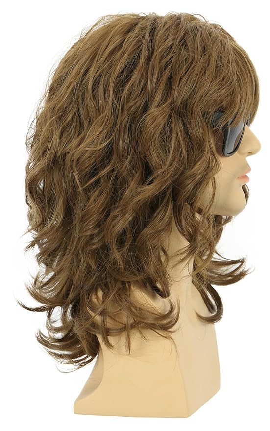 karlery California 70s 80s Rocker Wig Men Women Long Curly Brown Halloween Costume Wig