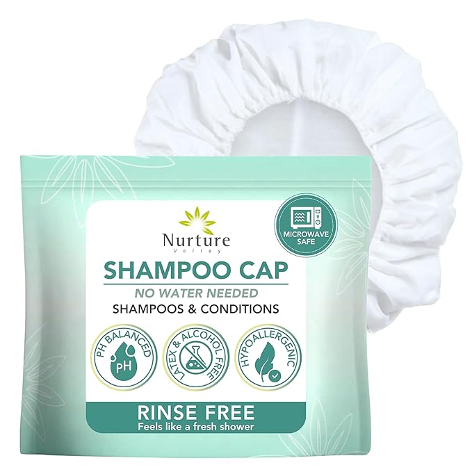 No Water Rinse Free Shampoo Cap by Nurture | Microwavable Hair Washing & Conditioning Shower Caps | Waterless Bathing | Disposable & Hypoallergenic for Adults, Bedridden & Elderly