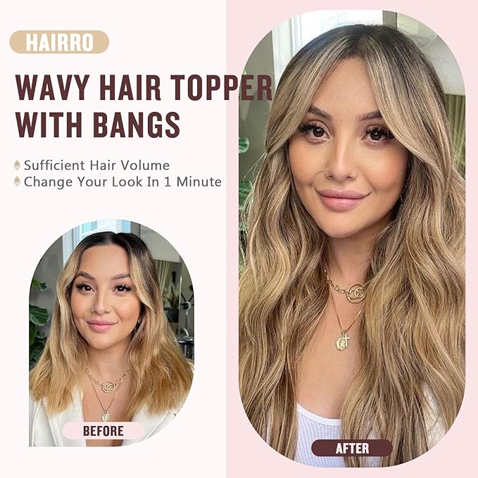 Hairro 18 Inch Long Hair Toppers Wavy with Side Bangs for Women, Clips In Synthetic Hairpieces Capless, for Adding Volume/Birthday/Party/Halloween/Cosplay Dress Up, White Blonde to White