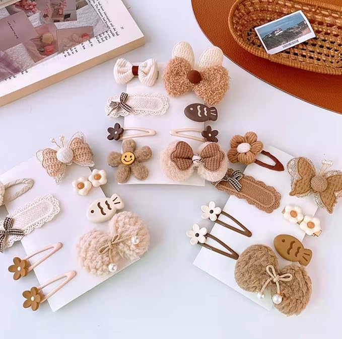 Hair Clips for Baby Girls-8 Pcs Beige Hair Accessories with Knitted Flower, Bow, Butterfly Designs-Soft Wool and Crochet Hairpins-Non-Slip Barrettes for Daily and Occasional Wear (Design 2-8pc Set)