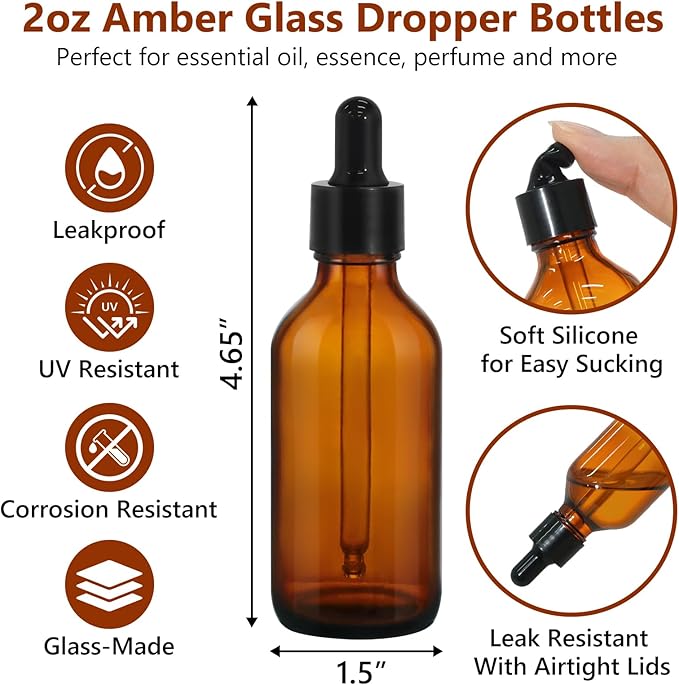 KEYWING 36Pack 2oz Dark Amber Dropper Bottles - 60ml Tincture Bottles with Eye Dropper for Essential Oils, Perfume, Hair Oil, Liquids - Leak Proof Travel Bottle