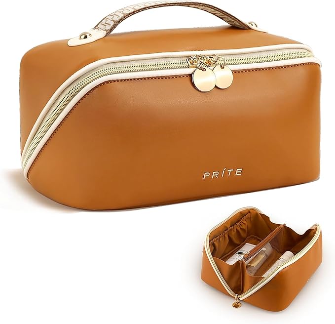 Prite Makeup Bag for Women Travel Waterproof Vegan Leather Cosmetic Bag Open Flat Toiletry Bag With Clear Divider and Handle (Brown)