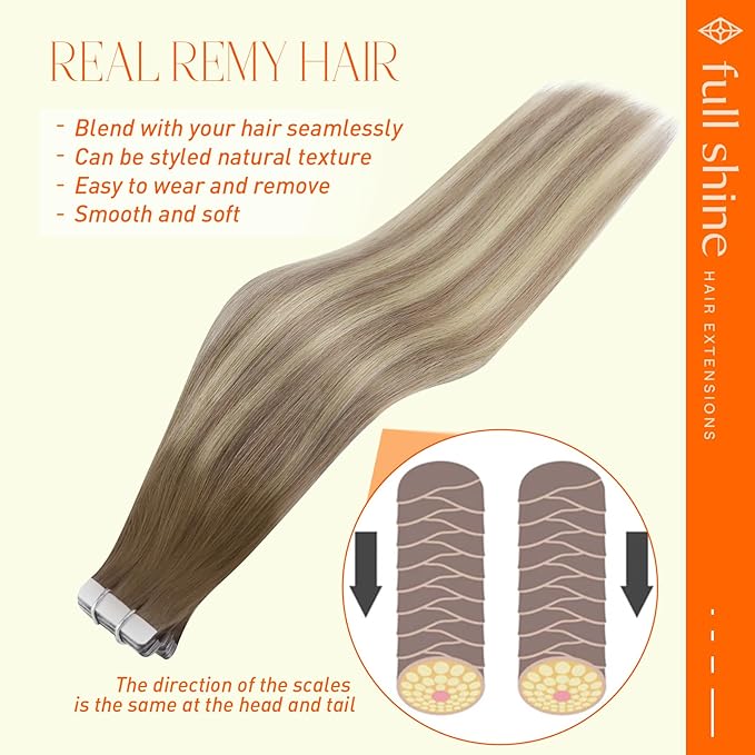 Full Shine Tape in Hair Extensions Human Hair 12Inch Balayage Color 8 Ash Brown Fading to 60 Highlighted 18 Ash Blonde Seamless Hair Extensions Real Human Hair Tape in 30G 20Pcs for Women Soft Remy