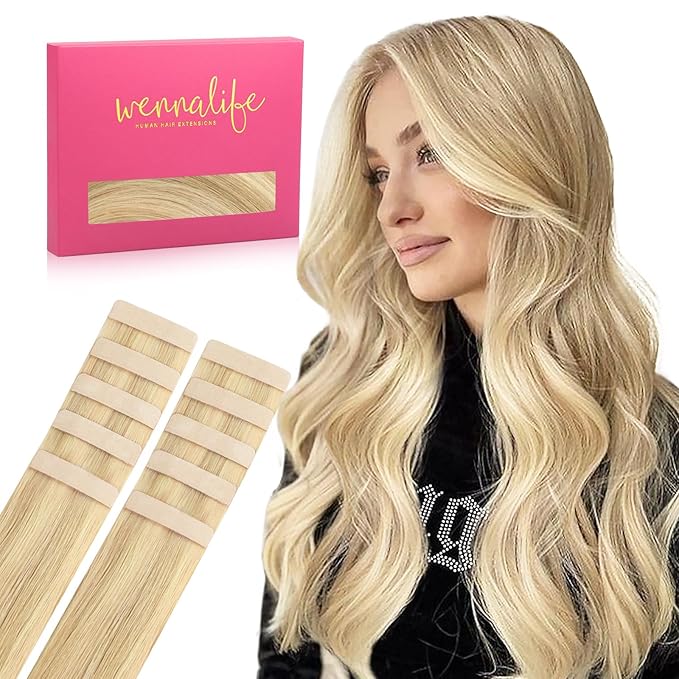 WENNALIFE Tape in Hair Extensions Human Hair Light Blonde Highlighted Golden Blonde Tape in Extensions, 10pcs 25g 18 inch Remy Invisible Tape Ins Straight Soft Real Human Hair Tape in Extensions