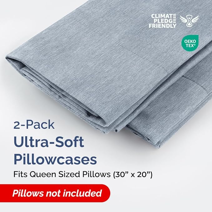 Queen Pillow Cases Set of 2 - Ultra Soft Hotel Quality Pillowcase Covers - Comfy, Cozy & Wrinkle Free - Shrinkage and Fade Resistant - Machine Washable Pillow Protectors - 2 Piece Set - Heathered Blue