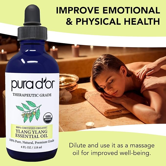 PURA D'OR Organic Ylang Ylang Essential Oil (4oz with Glass Dropper) 100% Pure & Natural Therapeutic Grade for Hair, Body, Skin, Aromatherapy Diffuser, Relaxation, Massage, Mood, Antioxidant Support